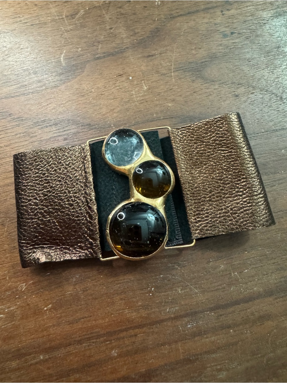 Modernist/Brutalist Wide Metallic Leather Cuff Bracelet w/Glass Cabochon Accents